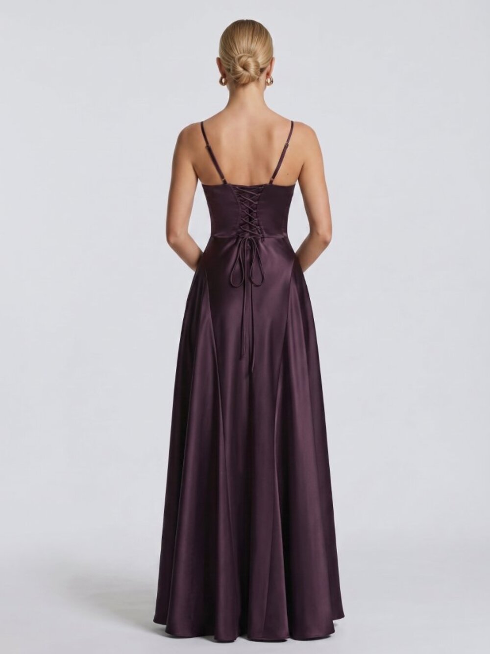 Women's Bold Plum Satin Maxi Dress Spaghetti Strap Wedding Guest Formal Gown - Picture 3 of 7